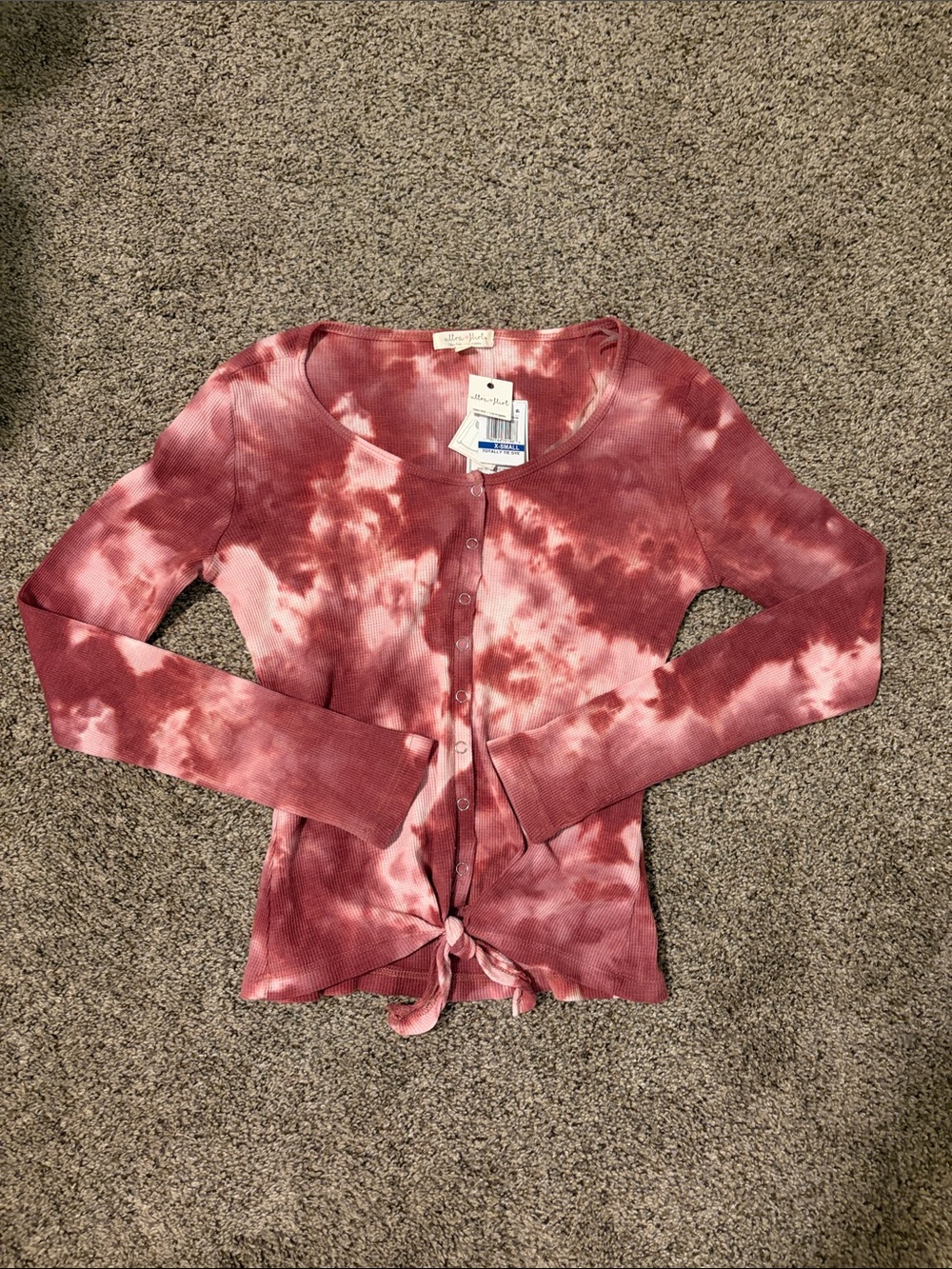 Ultra Flirt Mauve Pink Tie-Dye Button-Front Long Sleeve Top with Front Tie
